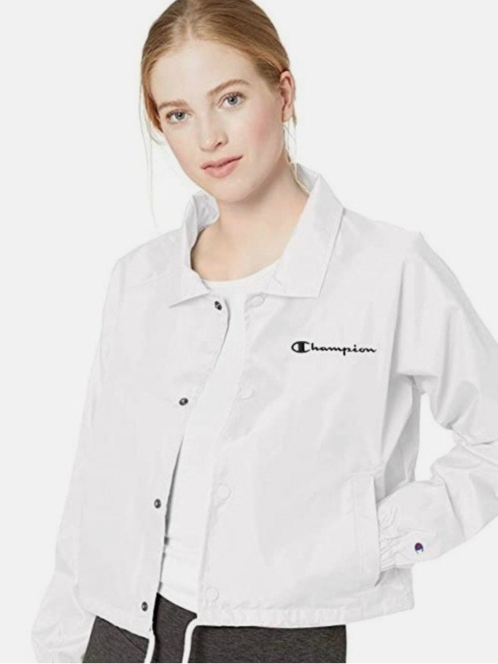 Champion Women’s White Bomber Coach Jacket with Script Logo
